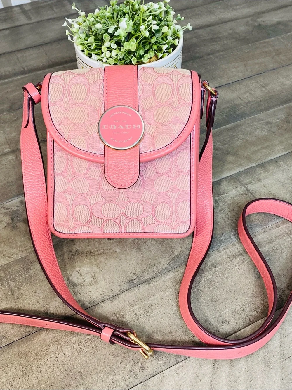 Coach Lonnie North South Crossbody Bag Pink Signature Jacquard Pebble Leather